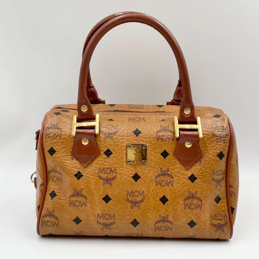 良品　エムシーエム　ヴィセトス　レザー　ミニボストンバッグ　金具付き　ブラウン