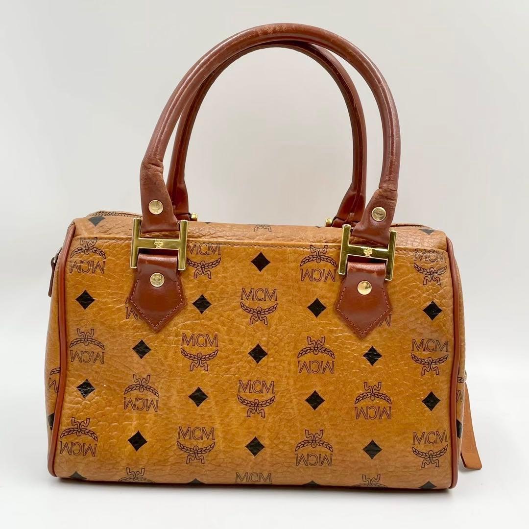 良品　エムシーエム　ヴィセトス　レザー　ミニボストンバッグ　金具付き　ブラウン