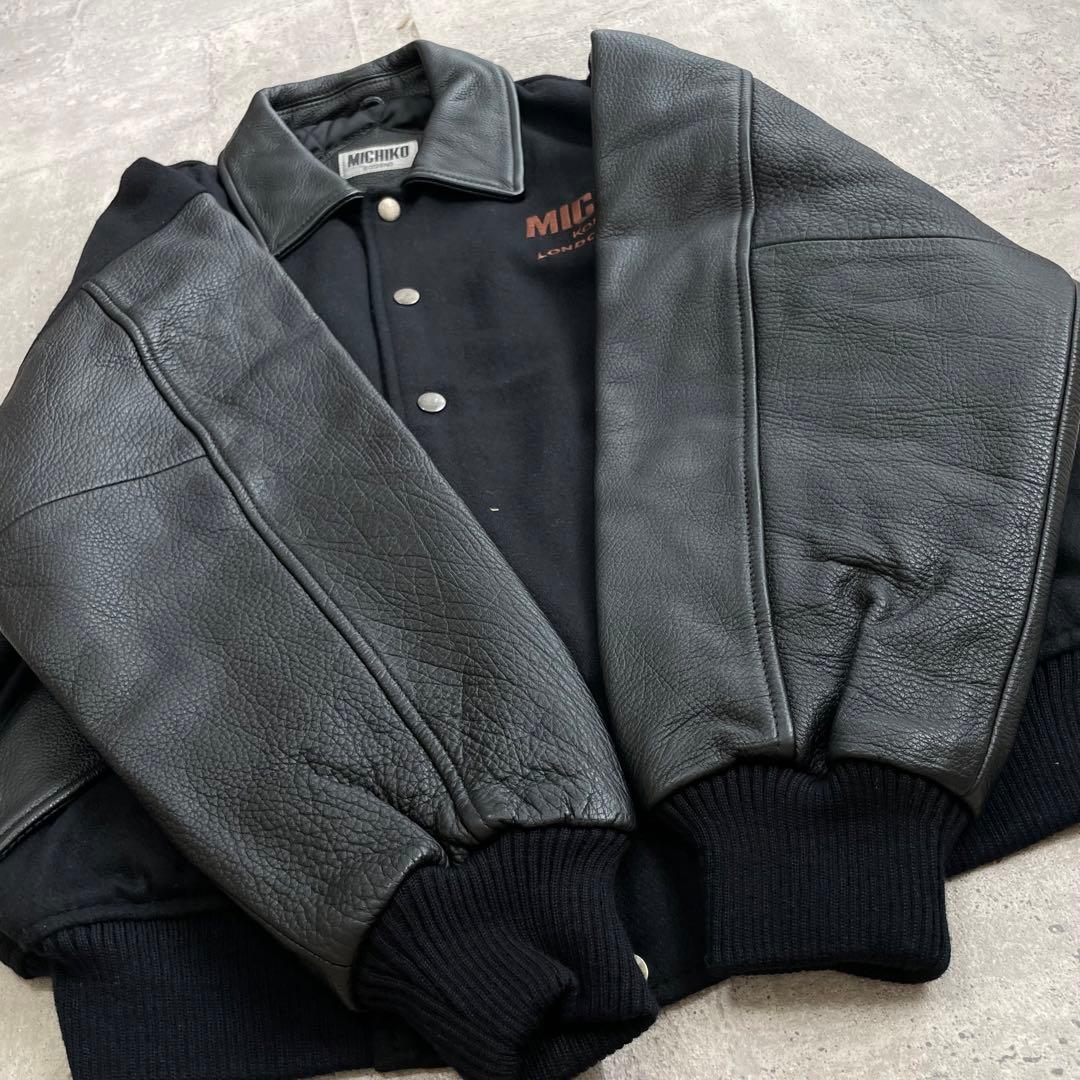 80's vintage michiko 襟 袖 レザー スタジャン ブラック