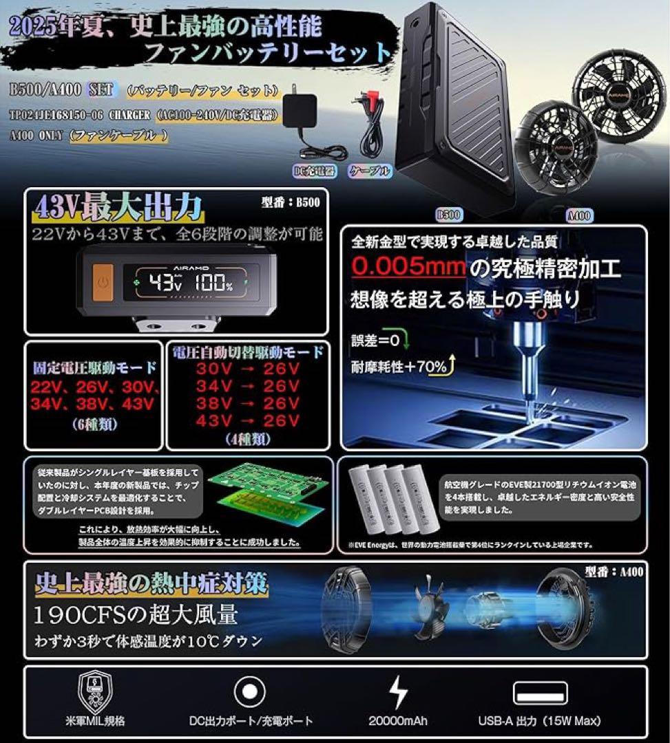 43V超高出力 ファンバッテリーセット 空調作業服用 搭載EVEエナジー