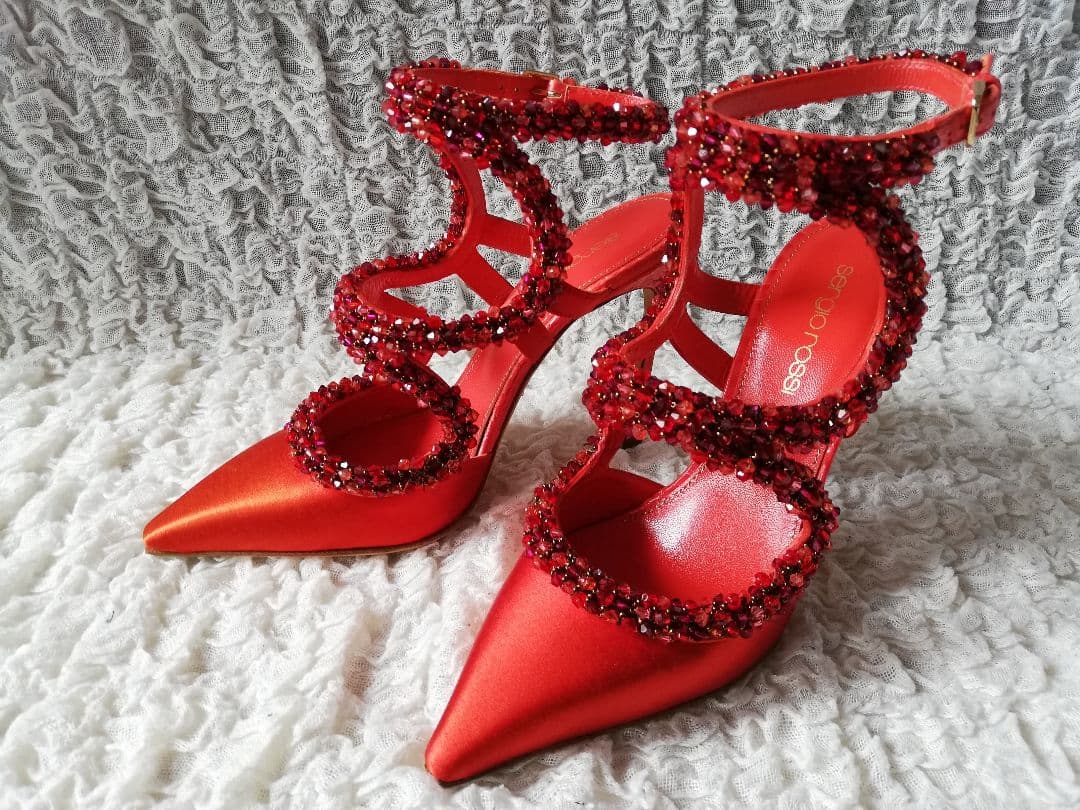 Sergio Rossi セルジオロッシ◆ビジュー サンダル 赤 35◆1度のみ