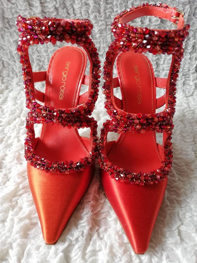 Sergio Rossi セルジオロッシ◆ビジュー サンダル 赤 35◆1度のみ