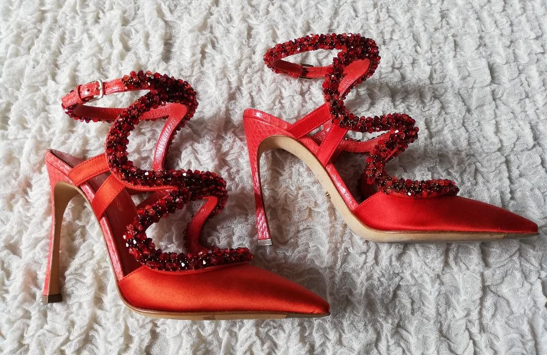 Sergio Rossi セルジオロッシ◆ビジュー サンダル 赤 35◆1度のみ