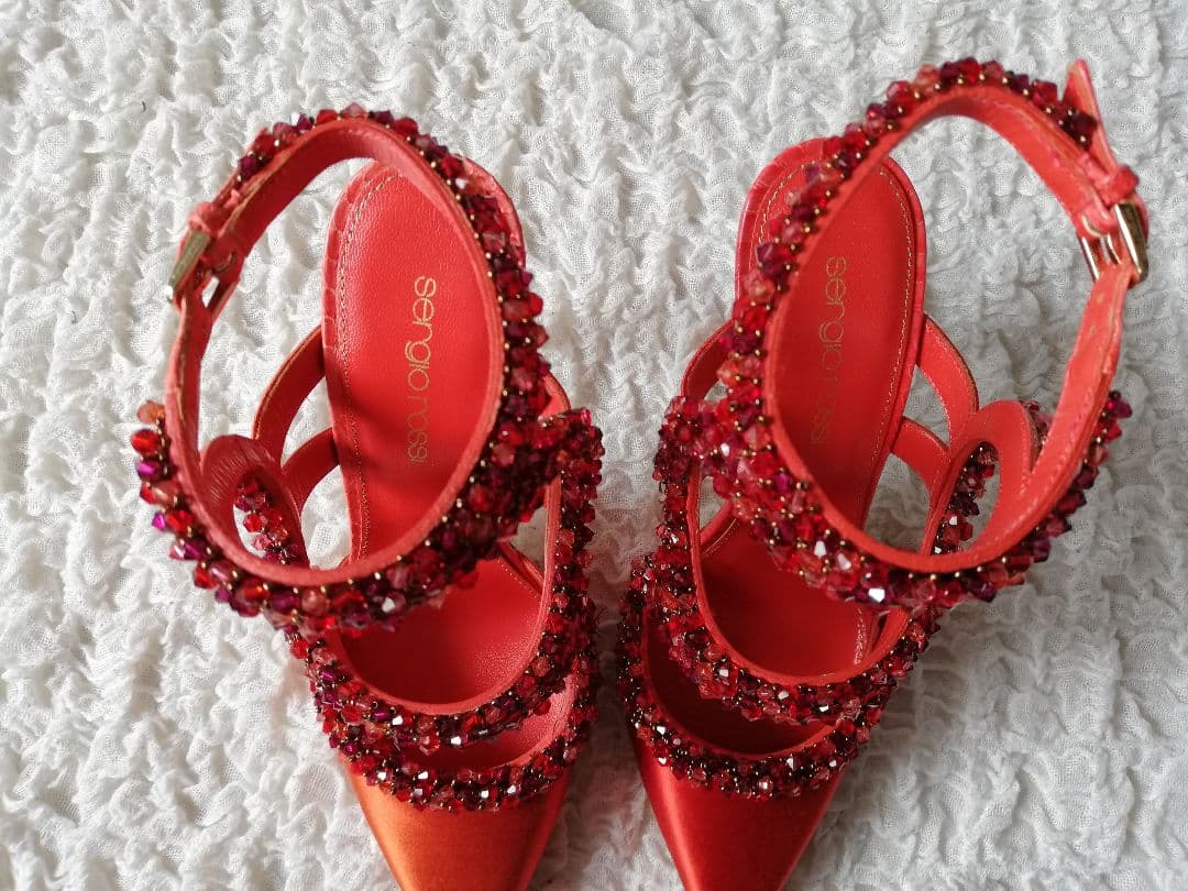 Sergio Rossi セルジオロッシ◆ビジュー サンダル 赤 35◆1度のみ