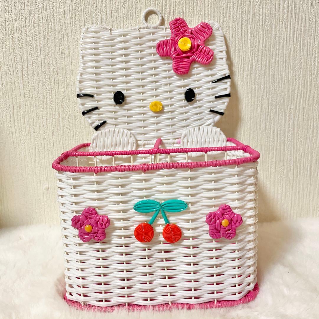 ハローキティ　カオハナキティ　平成レトロ　籐風　編みカゴ　小物入れ　リモコン立て