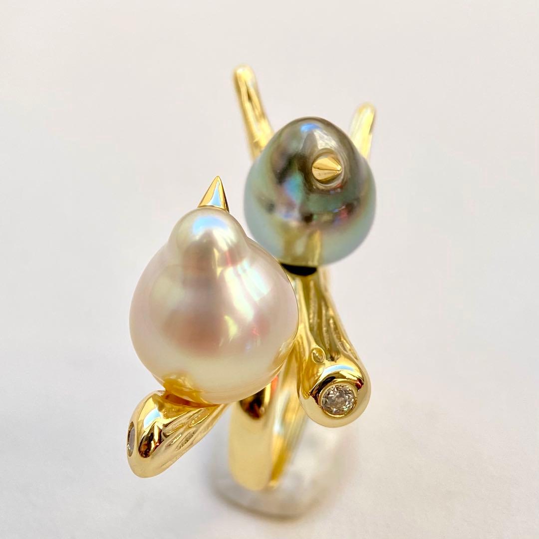 本真珠南洋白蝶真珠と黒蝶真珠「鳥と枝」s925リングY1058