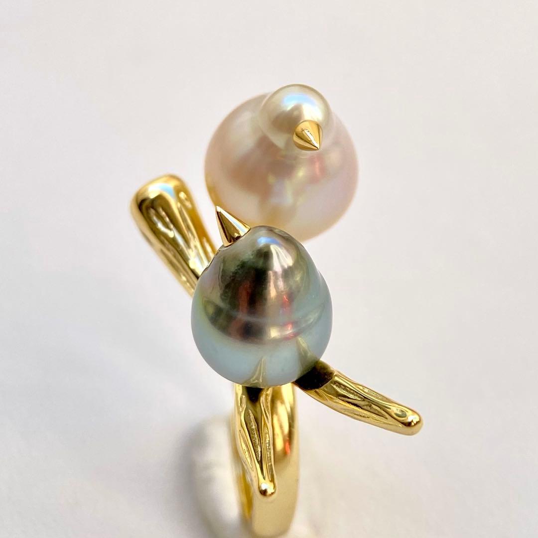 本真珠南洋白蝶真珠と黒蝶真珠「鳥と枝」s925リングY1058