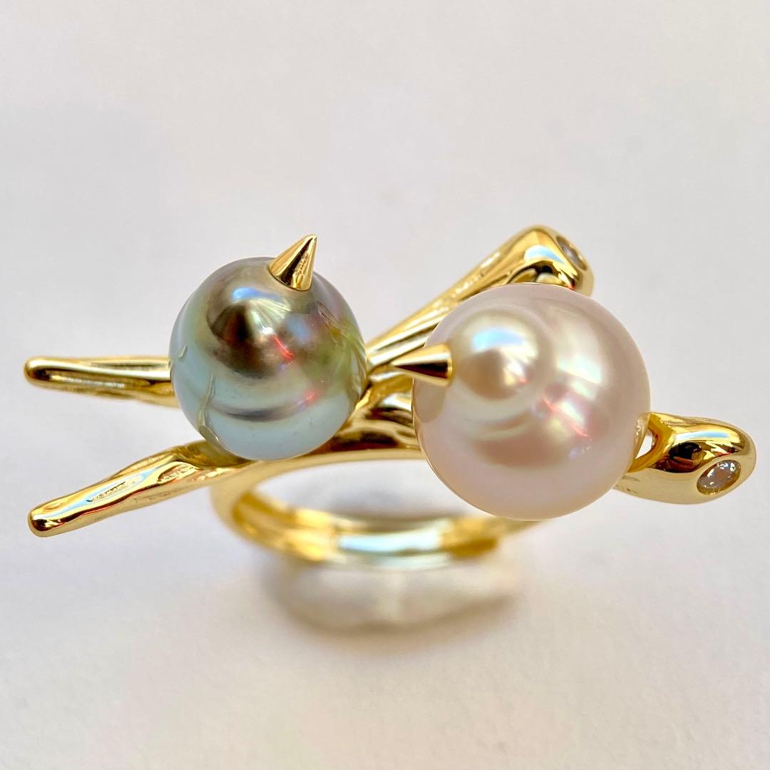 本真珠南洋白蝶真珠と黒蝶真珠「鳥と枝」s925リングY1058