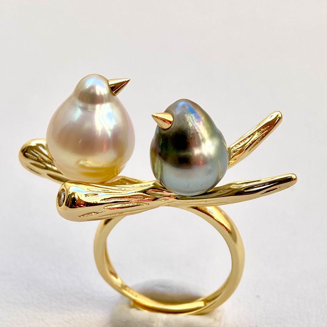本真珠南洋白蝶真珠と黒蝶真珠「鳥と枝」s925リングY1058