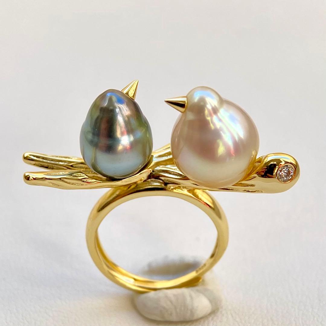 本真珠南洋白蝶真珠と黒蝶真珠「鳥と枝」s925リングY1058