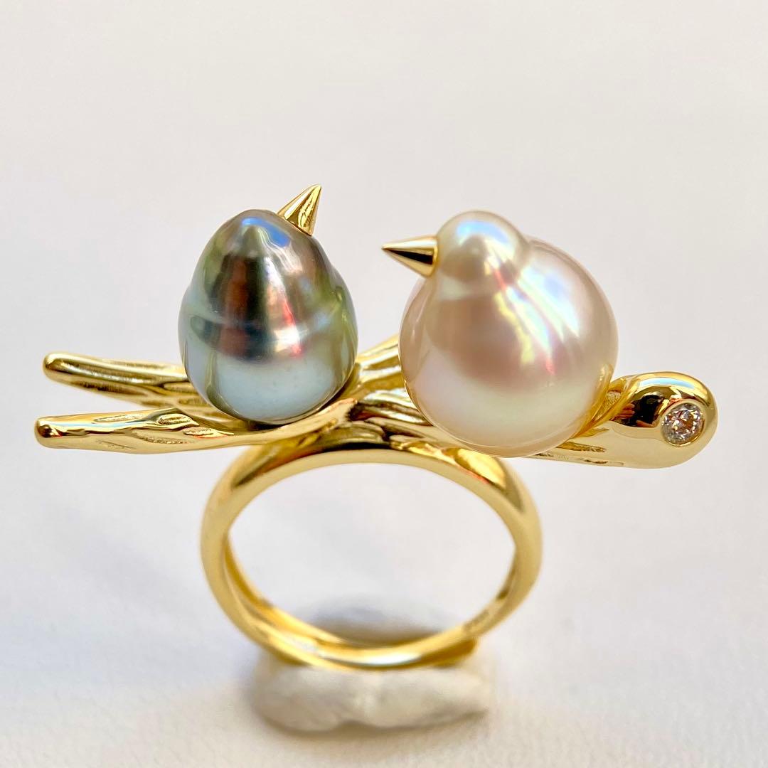 本真珠南洋白蝶真珠と黒蝶真珠「鳥と枝」s925リングY1058