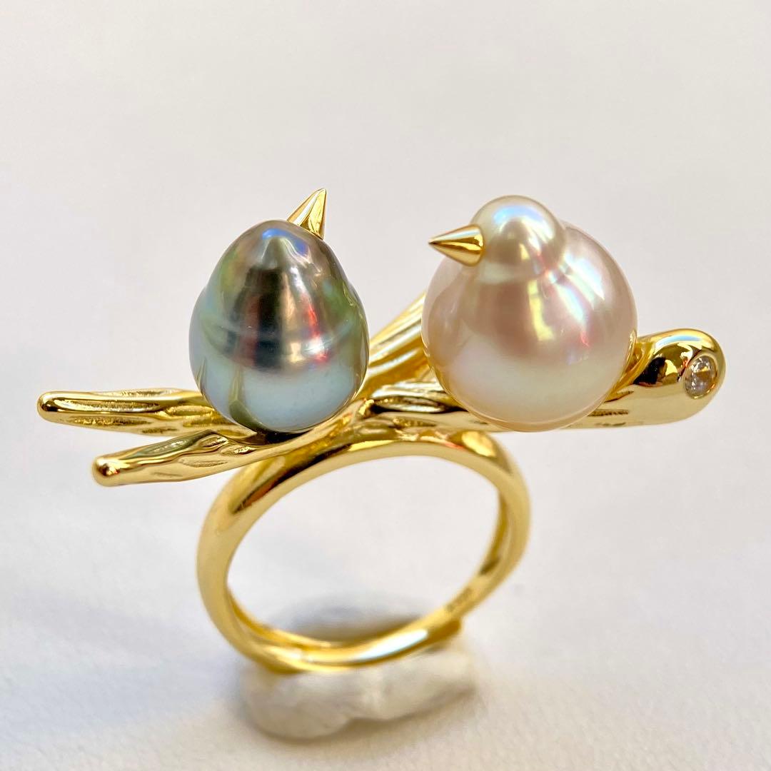 本真珠南洋白蝶真珠と黒蝶真珠「鳥と枝」s925リングY1058