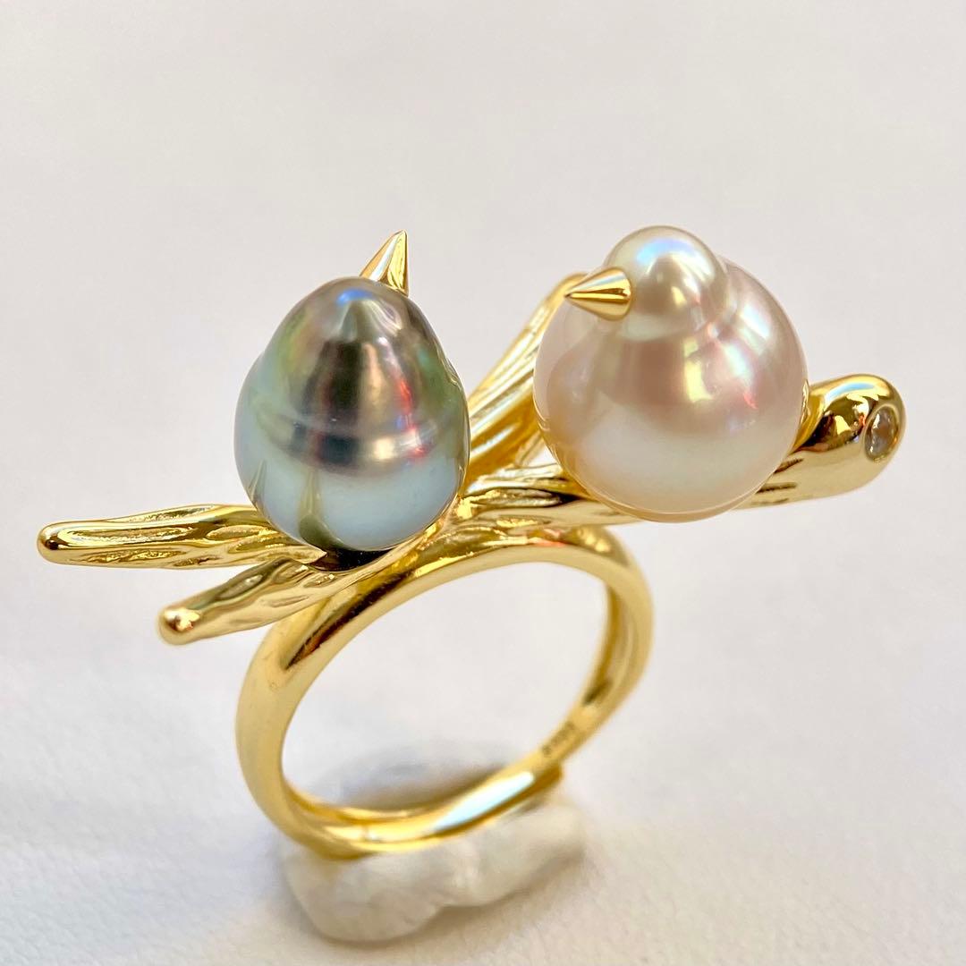 本真珠南洋白蝶真珠と黒蝶真珠「鳥と枝」s925リングY1058