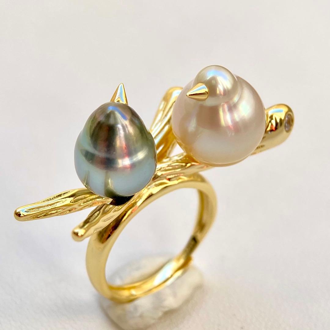 本真珠南洋白蝶真珠と黒蝶真珠「鳥と枝」s925リングY1058