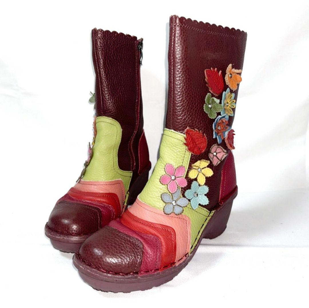 Estacion フラワーモチーフ　レザー　ミドルブーツ　ワインカラーマルチ　L
