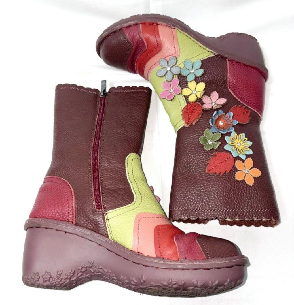 Estacion フラワーモチーフ　レザー　ミドルブーツ　ワインカラーマルチ　L