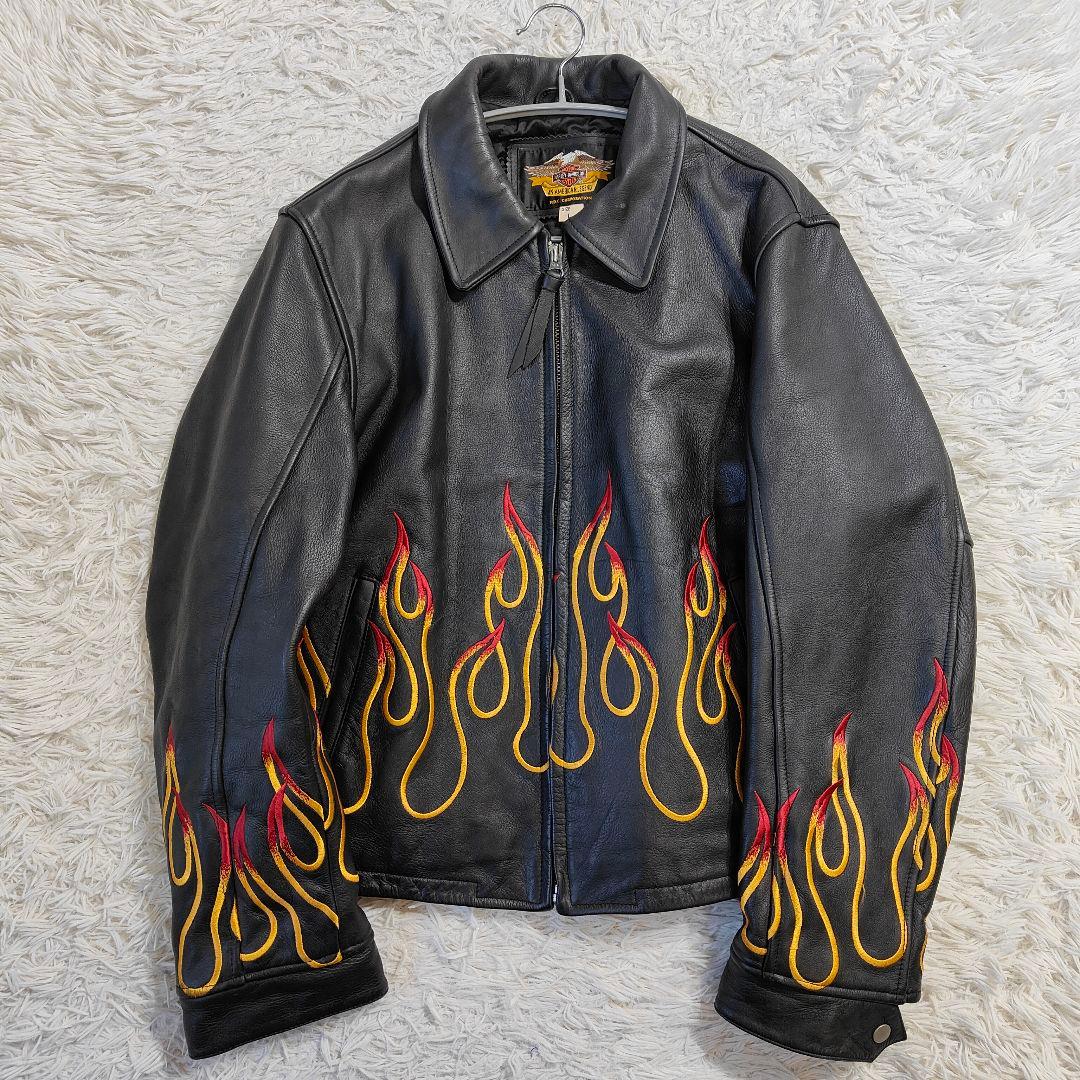 極美品　ハーレーダビッドソン　レザーシングルライダースジャケットフレイム 刺繍L