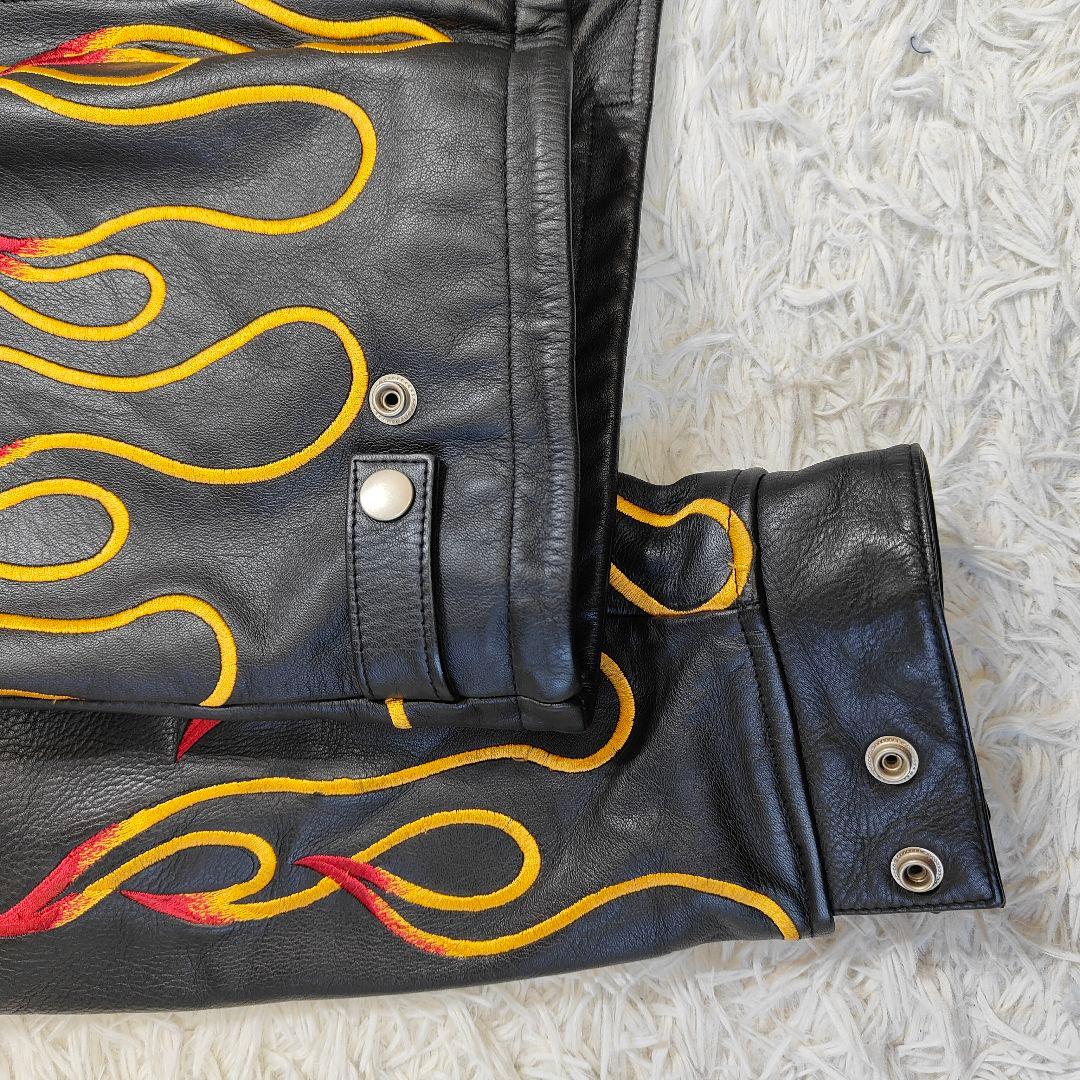 極美品　ハーレーダビッドソン　レザーシングルライダースジャケットフレイム 刺繍L