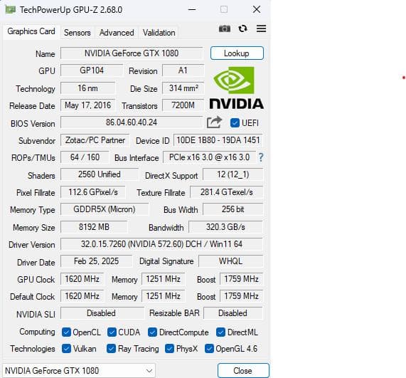 (動作確認済)ZOTAC GeForce GTX 1080 Mini