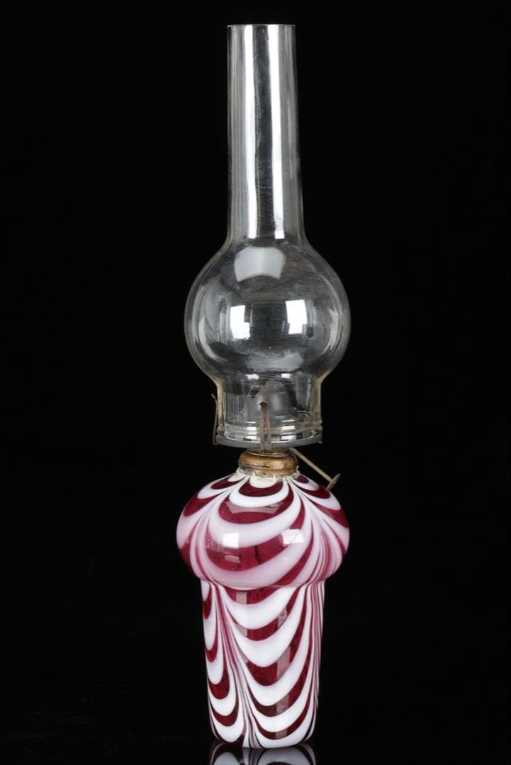 け*ん様 吊りオイルランプ 明治～大正期 乳白ガラス傘 マーブルピンク模様オイル