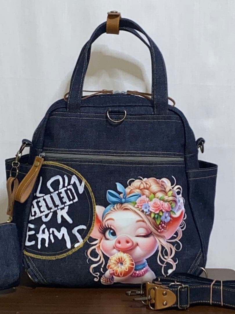 ☆ハンドメイド☆岡山デニム☆豚☆ブタさん☆リュック対応☆4wayボストンバッグ