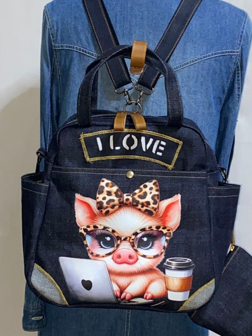 ☆ハンドメイド☆岡山デニム☆豚☆ブタさん☆リュック対応☆4wayボストンバッグ