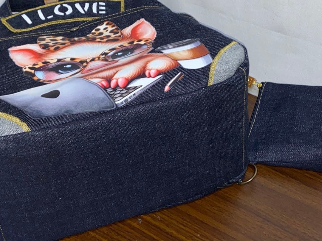 ☆ハンドメイド☆岡山デニム☆豚☆ブタさん☆リュック対応☆4wayボストンバッグ