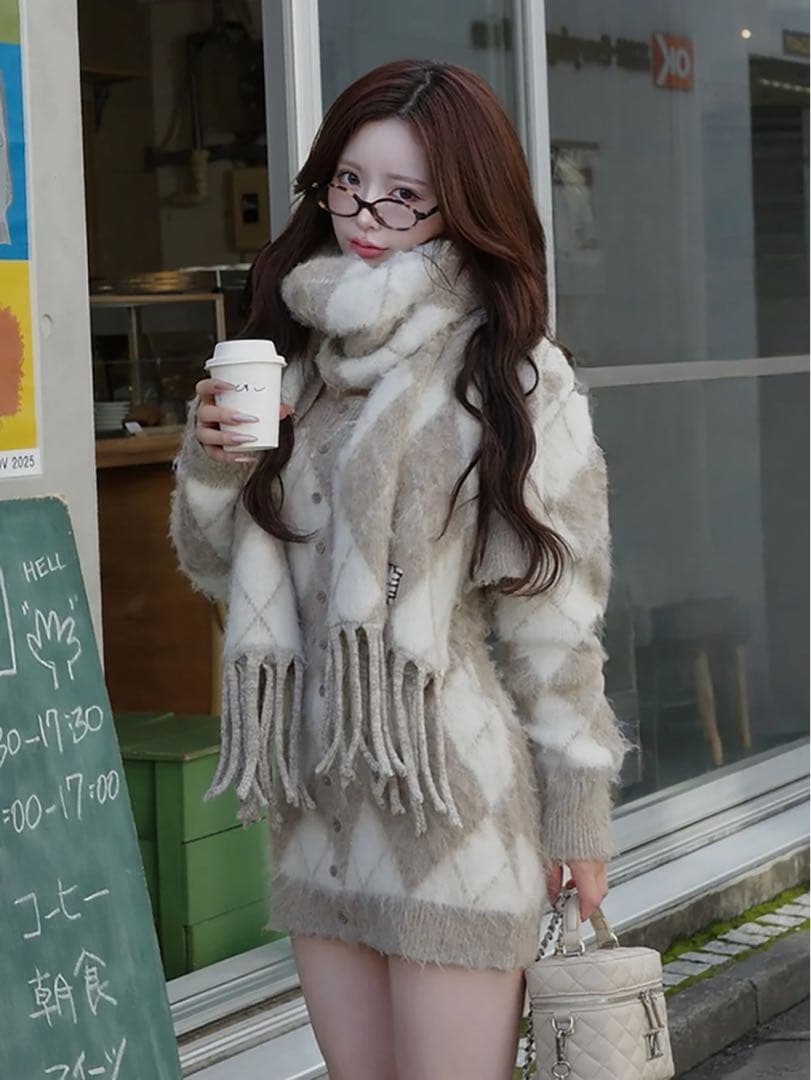 新品タグ付き ダーリッチ アーガイルニットアンサンブル ベージュ フリーサイズ