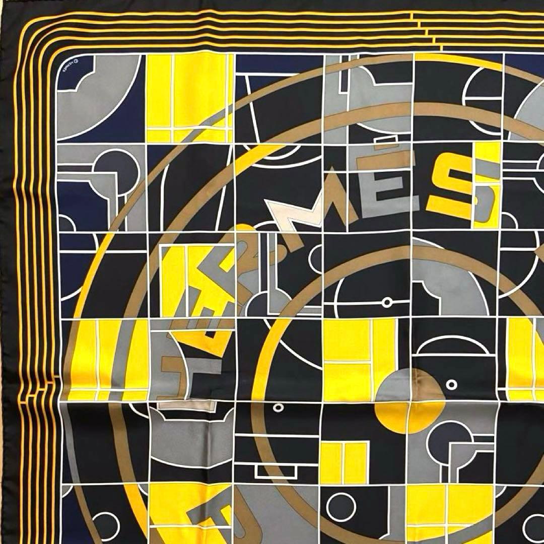 美品 エルメス シルクスカーフ カレ90 エルメススポーツ 黒色 黄色 灰色