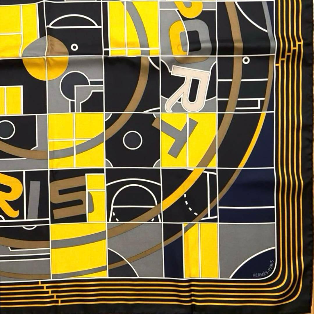 美品 エルメス シルクスカーフ カレ90 エルメススポーツ 黒色 黄色 灰色