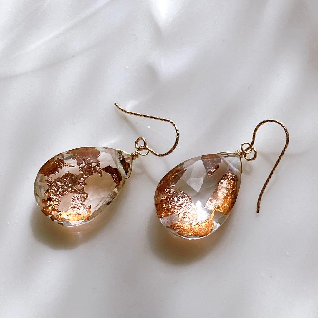 マルモ◆水晶×ピンクゴールド箔トリプレットストーンピアス