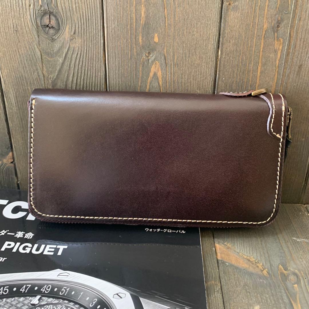 C43■極上 栃木レザー 無双 バイカーズウォレット 財布■コーヒー■職人手縫い