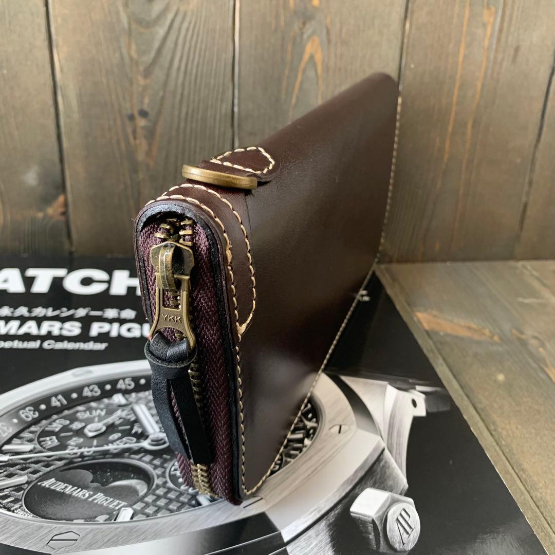 C43■極上 栃木レザー 無双 バイカーズウォレット 財布■コーヒー■職人手縫い