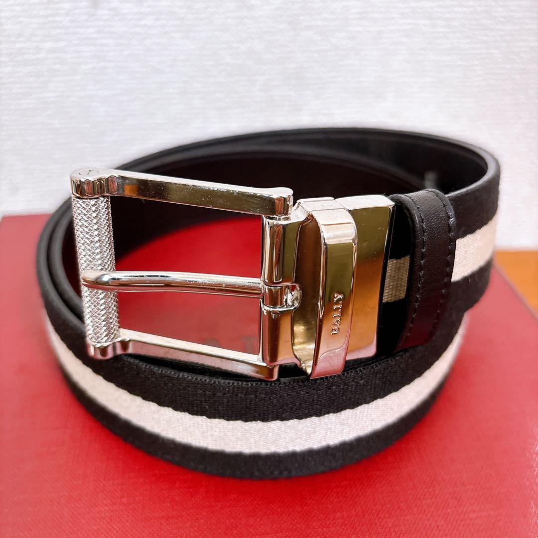 未使用級 BALLY バリー リバーシブル ベルト レザー キャンバス ブラック