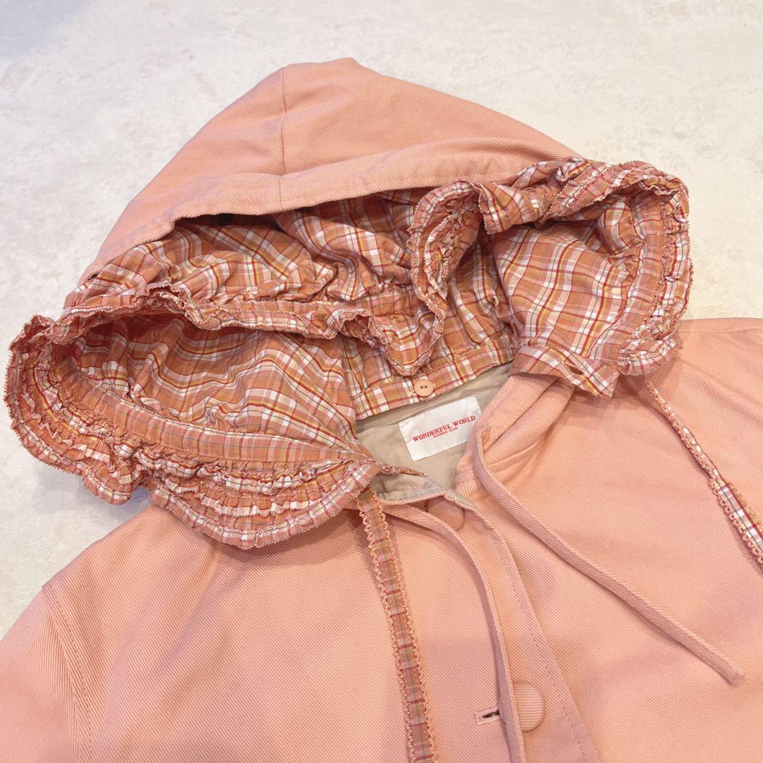 ワンダフルワールド　ピンク系チェック　フード付き　ジャケットコート　カネコイサオ