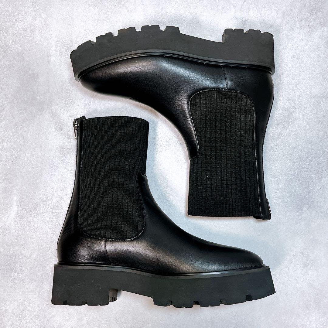 ☆美品☆【銀座かねまつ】アクアベルリブニットショートブーツ (24) 厚底　黒