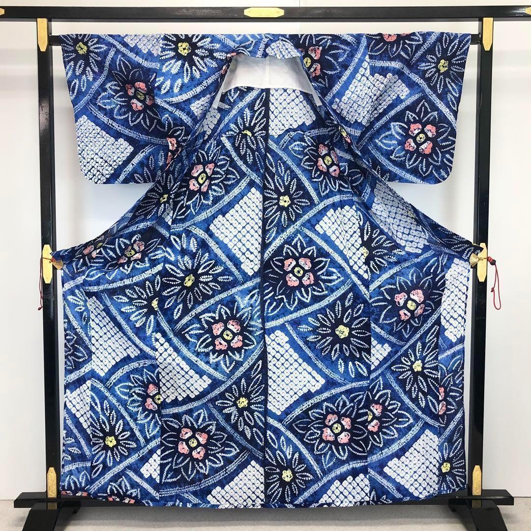 ☆ 夏着物 浴衣 有松鳴海本絞り 可愛い花柄模様 藍色 トール K-3580