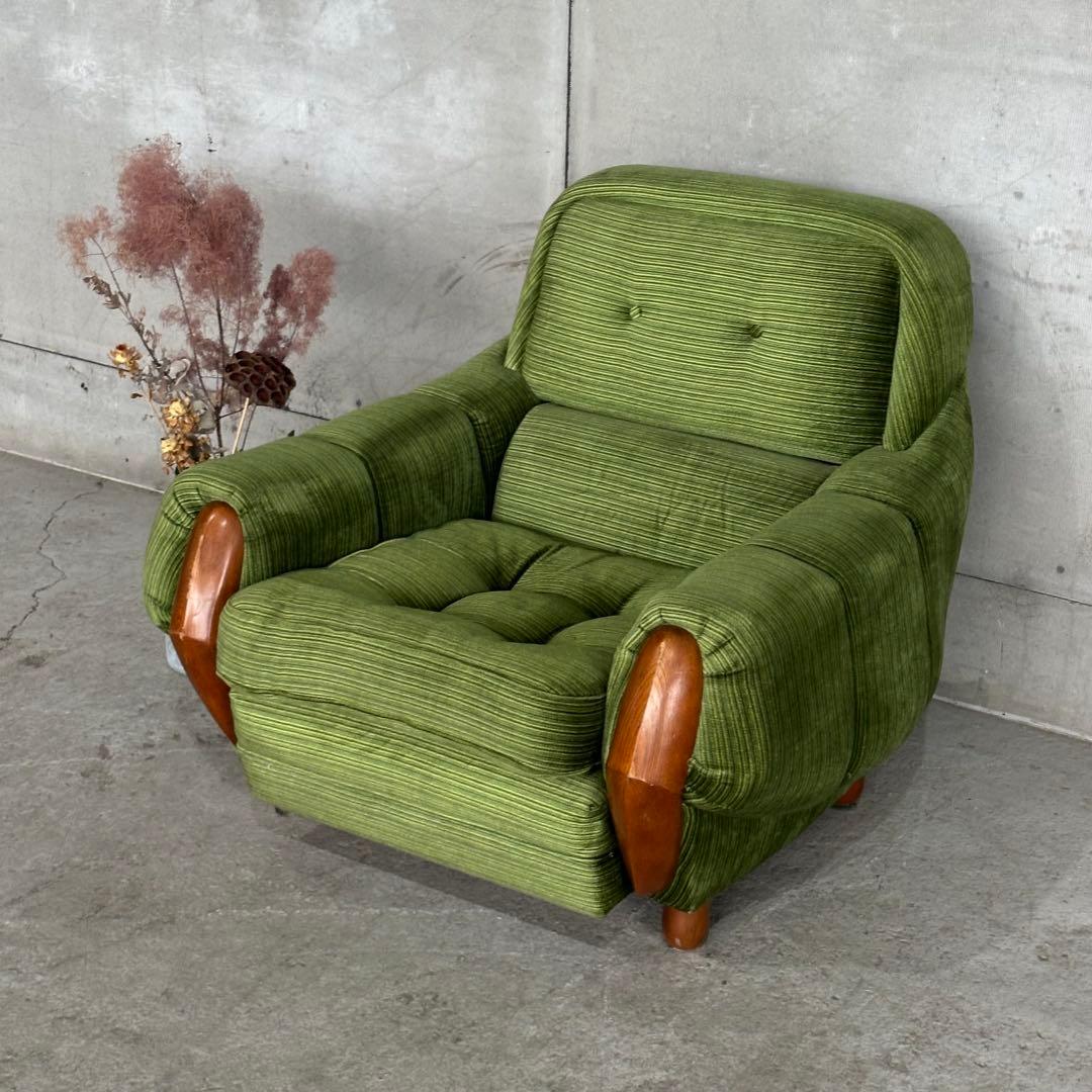 昭和レトロ ミッドセンチュリー グリーン 1人掛けソファ木肘 ヴィンテージ 国産