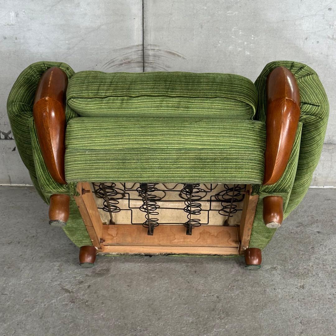 昭和レトロ ミッドセンチュリー グリーン 1人掛けソファ木肘 ヴィンテージ 国産