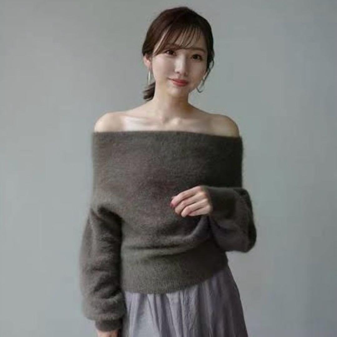 【未使用】anuans ラクーンフォックスオフショルニットプルオーバー モカ