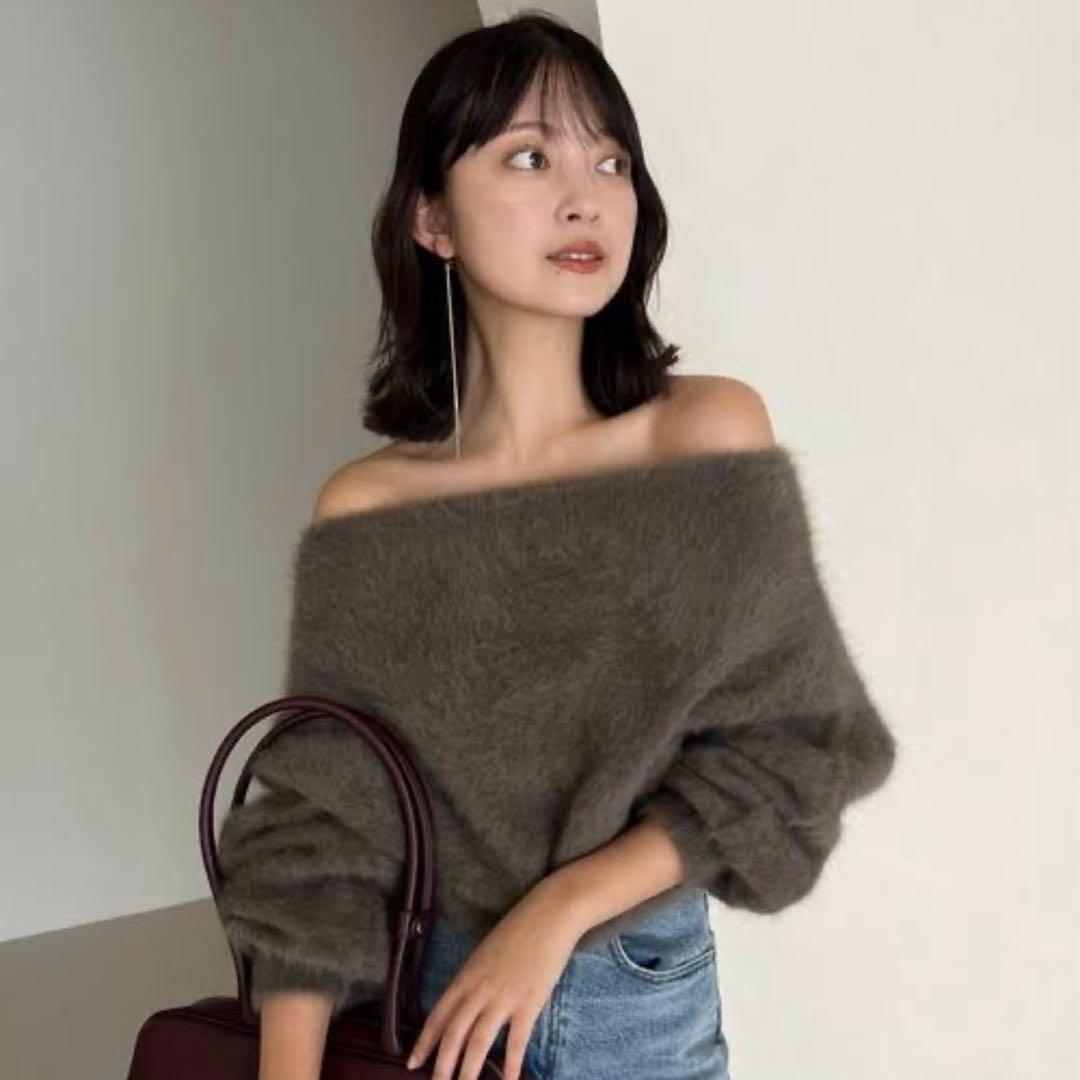 【未使用】anuans ラクーンフォックスオフショルニットプルオーバー モカ