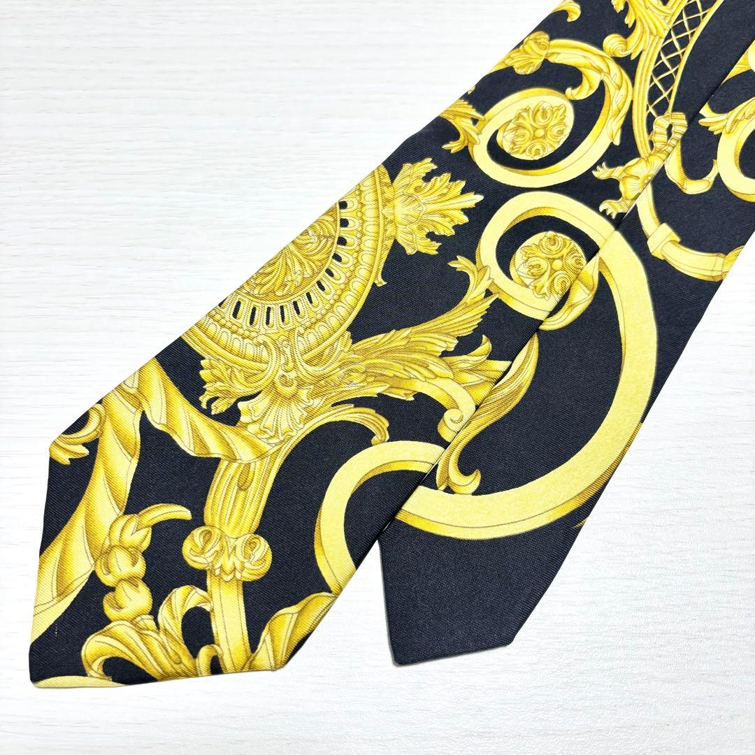 HERMES エルメス スカーフ柄 イエロー ブラック フランス製シルクネクタイ