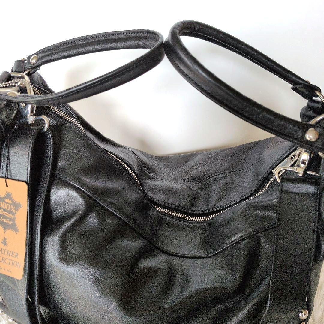 【新品】イタリア製本革スタッズバック レザーブラック2wayバッグ