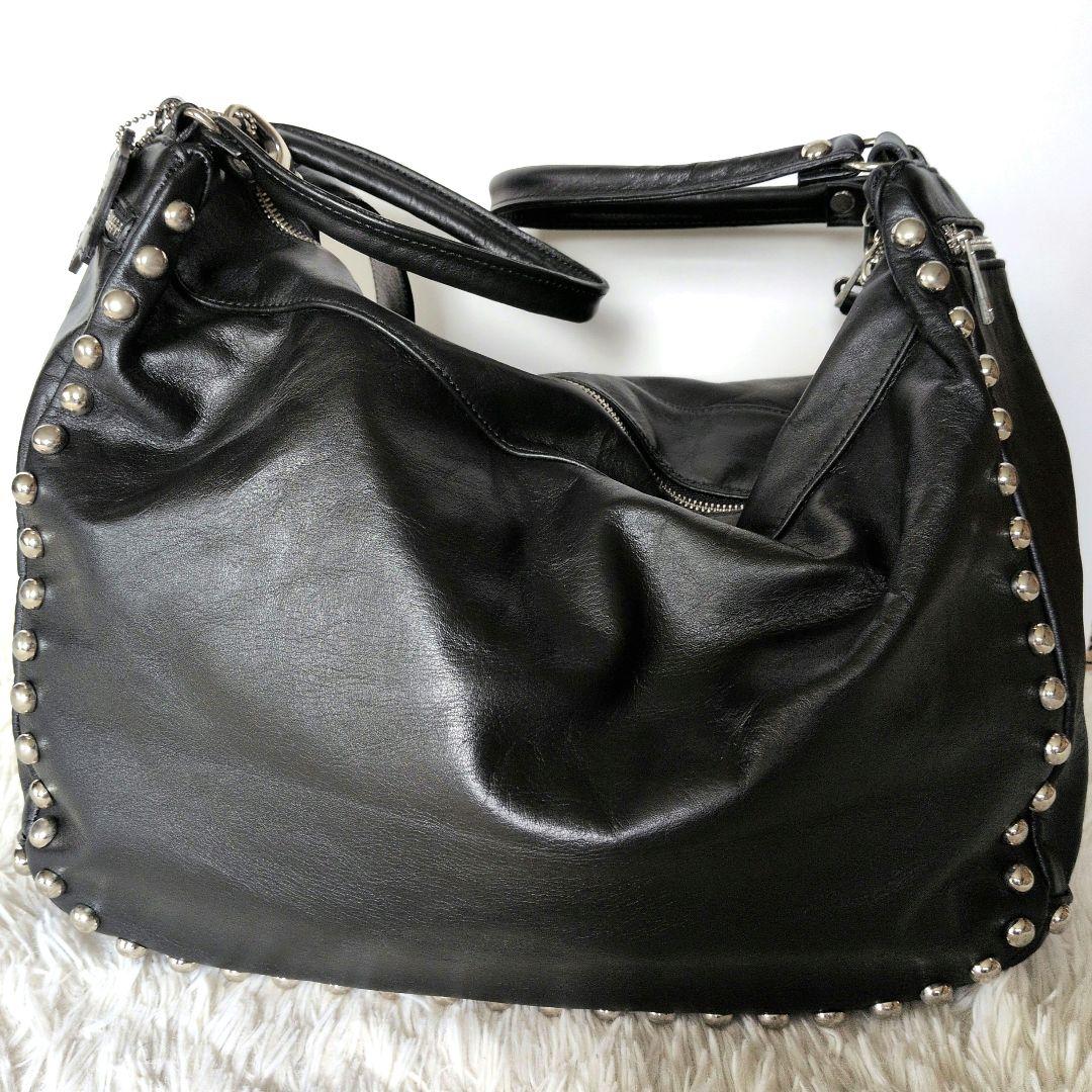 【新品】イタリア製本革スタッズバック レザーブラック2wayバッグ