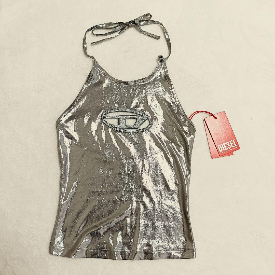 新品タグ付き DIESEL キャミソール シルバー メタル ホルターネック XS