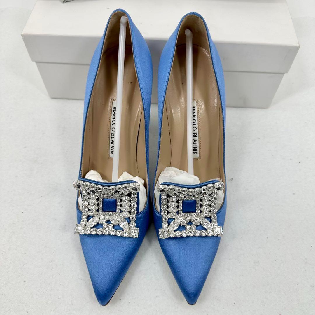 美品 付属品 MANOLO BLAHNIK ハンギシ ビジュー サテン パンプス