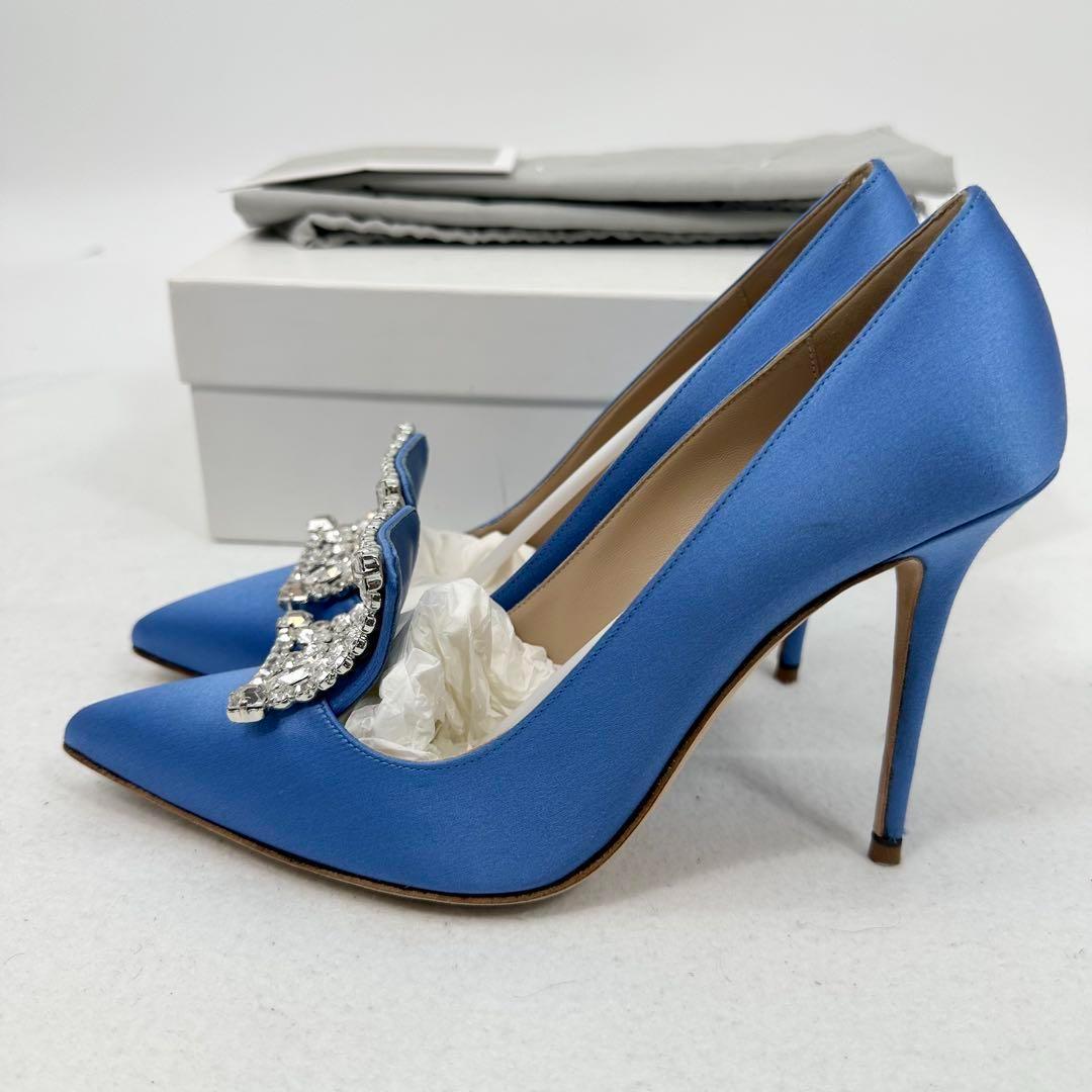 美品 付属品 MANOLO BLAHNIK ハンギシ ビジュー サテン パンプス