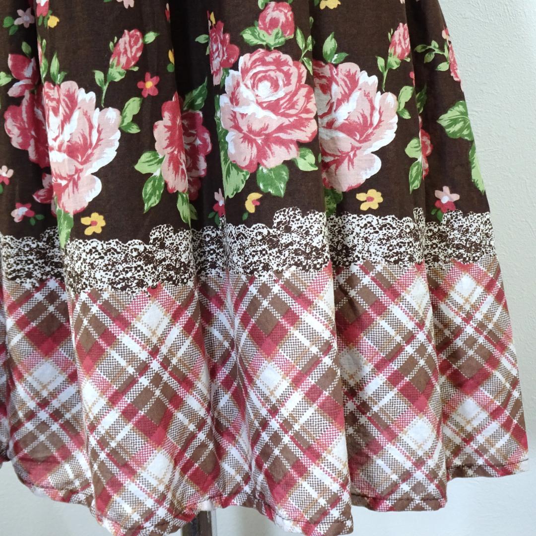 LIZLISA ワンピース 花柄 チェック柄 半袖 ブラウン フェアリーグランジ