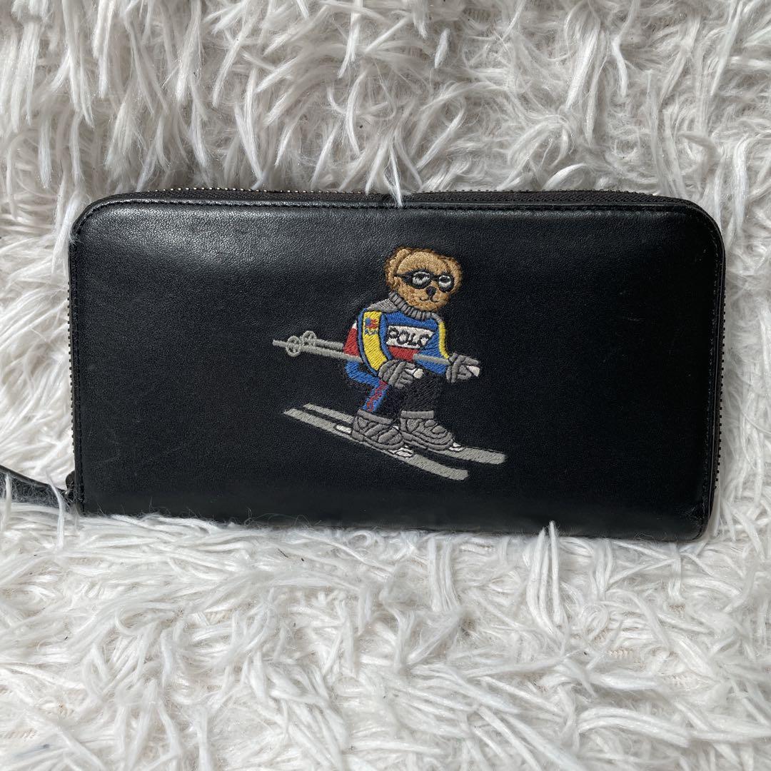 美品　ポロラルフローレン　ラウンドファスナー　長財布　レザー　ポロベア　スキー
