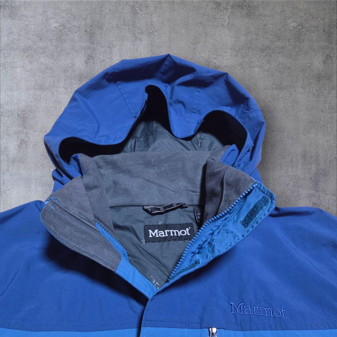 美品 テック系古着Marmotマウンテンパーカー現行ブルーネイビードローコードL